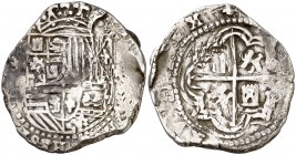 (1626-1650). ¿Felipe IV?. Potosí. 2 reales. (Cal. tipo 190). 6,76 g. Reparación en anverso. Escasa. (BC+).