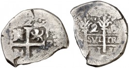 1691. Carlos II. Lima. R. 2 reales. (Cal. 564). 5,04 g. Oxidaciones, limpiada. BC.