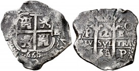 1668. Carlos II. Potosí. E. 2 reales. (Cal. 595). 6,70 g. Doble fecha. MBC.