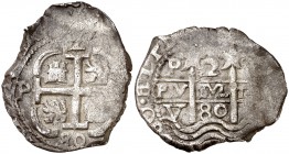 1680. Carlos II. Potosí. V. 2 reales. (Cal. 609). 5,16 g. Triple fecha, una parcial. MBC.