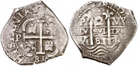 1681. Carlos II. Potosí. V. 2 reales. (Cal. 610). 5,81 g. Doble fecha. MBC+.
