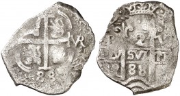 1688. Carlos II. Potosí. . 2 reales. (Cal. 619). 4,35 g. Doble fecha. MBC-.