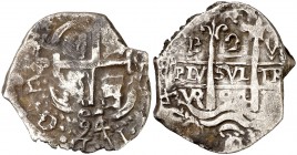 1694. Carlos II. Potosí. . 2 reales. (Cal. 625). 6,21 g. Triple fecha, una parcial. MBC+.