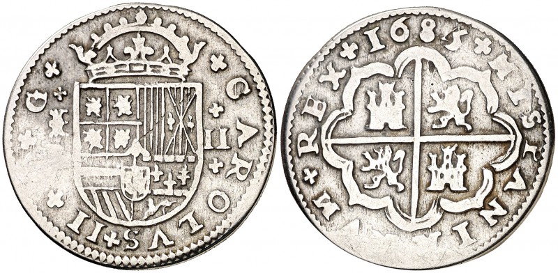 1685/4. Carlos II. Segovia. (). 2 reales. (Cal. 645). 5,91 g. Limpiada. BC.
