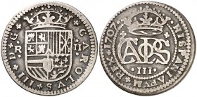 1707. Carlos III, Pretendiente. Barcelona. 2 reales. (Cal. 23). 4,41 g. MBC-.