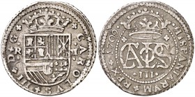 1709. Carlos III, Pretendiente. Barcelona. 2 reales. (Cal. 25). 5,36 g. MBC.