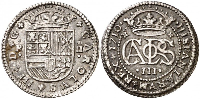 1710. Carlos III, Pretendiente. Barcelona. 2 reales. (Cal. 26). 4,91 g. MBC+.