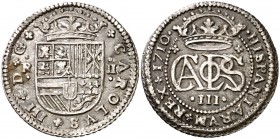 1710. Carlos III, Pretendiente. Barcelona. 2 reales. (Cal. 26). 4,91 g. MBC+.