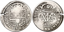 1714. Carlos III, Pretendiente. Barcelona. 2 reales. (Cal. 30). 4,61 g. BC-.