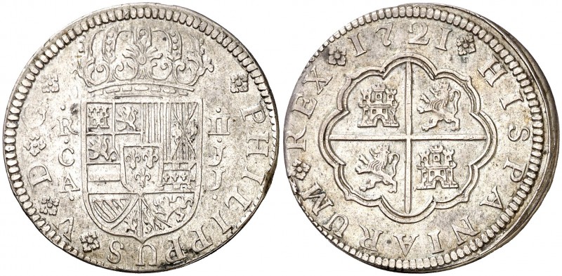 1721. Felipe V. Cuenca. JJ. 2 reales. (Cal. 1162). 5,69 g. MBC.
