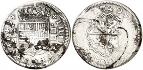 1720. Felipe V. Madrid. JJ. 2 reales. (Cal. 1247). 4,75 g. Incrustaciones. (BC/BC-).
