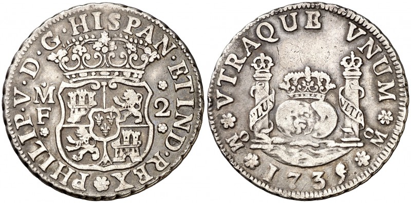 1735/4. Felipe V. México. MF. 2 reales. (Cal. 1279). 6,57 g. Columnario. Escasa....