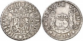 1735/4. Felipe V. México. MF. 2 reales. (Cal. 1279). 6,57 g. Columnario. Escasa. MBC.