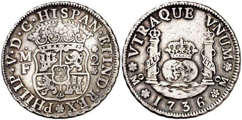1736. Felipe V. México. MF. 2 reales. (Cal. 1283). 6,64 g. Columnario. Escasa. M...