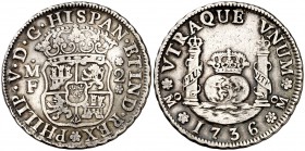 1736. Felipe V. México. MF. 2 reales. (Cal. 1283). 6,64 g. Columnario. Escasa. MBC/MBC-.