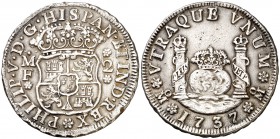 1737. Felipe V. México. MF. 2 reales. (Cal. 1284). 6,57 g. Columnario. Leves golpecitos. Escasa. MBC+.