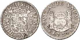 1738/7. Felipe V. México. MF. 2 reales. (Cal. 1285). 6,60 g. Columnario. Hojita. Escasa. MBC-.