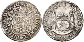 1739. Felipe V. México. MF. 2 reales. (Cal. 1287). 6,66 g. Columnario. Hojita en borde. Escasa. MBC-.