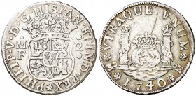 1740. Felipe V. México. MF. 2 reales. (Cal. 1290). 6,54 g. Columnario. Rayitas. Escasa. MBC.