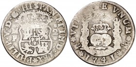 1741. Felipe V. México. MF. 2 reales. (Cal. 1291). 5,96 g. Columnario. Escasa. BC.