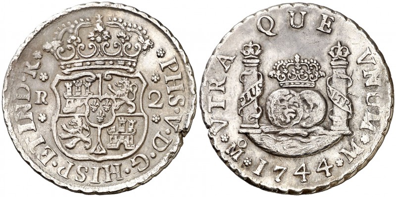 1744/3. Felipe V. México. M. 2 reales. (Cal. 1295). 6,72 g. Columnario. Hojita e...