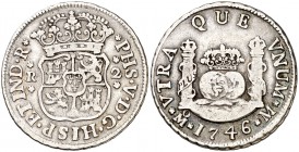 1746. Felipe V. México. M. 2 reales. (Cal. 1299). 6,55 g. Columnario. Escasa. MBC-.