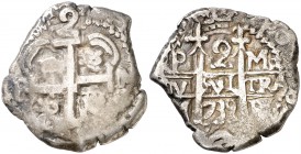 1739. Felipe V. Potosí. M. 2 reales. (Cal. 1364). 6,40 g. Doble fecha, una parcial. Buen ejemplar. Escasa así. MBC/MBC+.