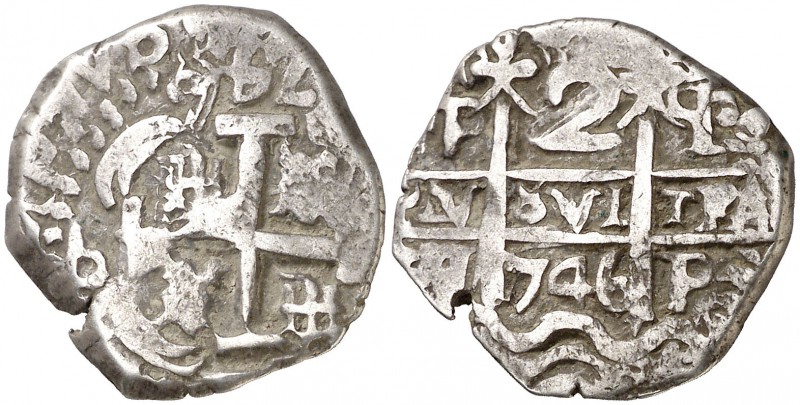 1746. Felipe V. Potosí. q. 2 reales. (Cal. 1375). 6,72 g. Doble fecha. MBC.