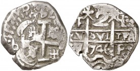 1746. Felipe V. Potosí. q. 2 reales. (Cal. 1375). 6,72 g. Doble fecha. MBC.