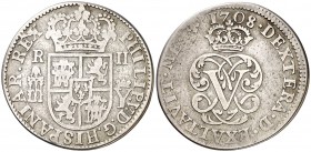 1708. Felipe V. Segovia. Y. 2 reales. (Cal. 1382). 4,45 g. Palma derecha sobre izquierda. Escasa. MBC-.