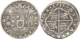 1718. Felipe V. Segovia. J. 2 reales. (Cal. 1388). 5,08 g. Hojita en borde. MBC.