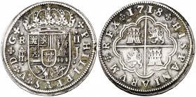 1718. Felipe V. Segovia. J. 2 reales. (Cal. 1392). 5,28 g. Sombras. MBC+.