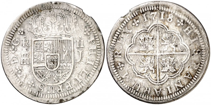 1718. Felipe V. Segovia. J. 2 reales. (Cal. 1394). 4,21 g. Variante de corona. G...