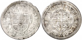 1718. Felipe V. Segovia. J. 2 reales. (Cal. 1394). 4,21 g. Variante de corona. Golpecitos. BC+.