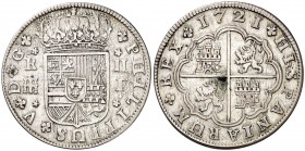 1721. Felipe V. Segovia. F. 2 reales. (Cal. 1399). 5,83 g. F pequeña. Impureza en reverso. Buen ejemplar. MBC+.
