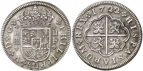 1722. Felipe V. Segovia. F. 2 reales. (Cal. 1402). 5,41 g. Atractiva. Escasa así. MBC+/EBC-.