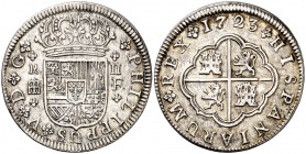 1723. Felipe V. Segovia. F. 2 reales. (Cal. 1404). 4,89 g. Leves rayitas. Buen ejemplar. Escasa así. MBC+.
