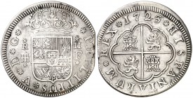 1725. Felipe V. Segovia. F. 2 reales. (Cal. 1406). 5,59 g. Pequeña parte del canto final de riel. MBC+.