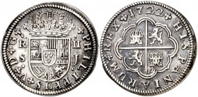 1722. Felipe V. Sevilla. J. 2 reales. (Cal. 1424). 5,94 g. Buen ejemplar. Escasa así. EBC-/MBC+.