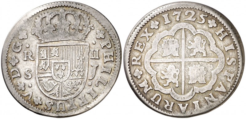 1725. Felipe V. Sevilla. J. 2 reales. (Cal. 1427). 4,87 g. MBC/BC+.