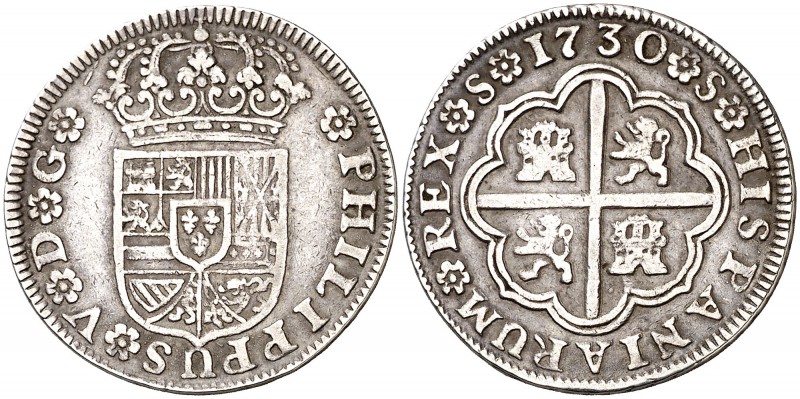 1730. Felipe V. Sevilla. 2 reales. (Cal. 1430). 6,01 g. Sin indicación de ensaya...