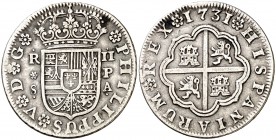 1731. Felipe V. Sevilla. PA. 2 reales. (Cal. 1431). 5,74 g. MBC.
