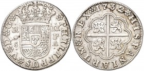 1732. Felipe V. Sevilla. PA. 2 reales. (Cal. 1432). 5,70 g. Golpecito. MBC-.