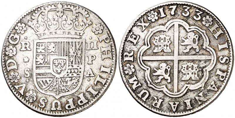 1733. Felipe V. Sevilla. PA. 2 reales. (Cal. 1433). 5,62 g. MBC.