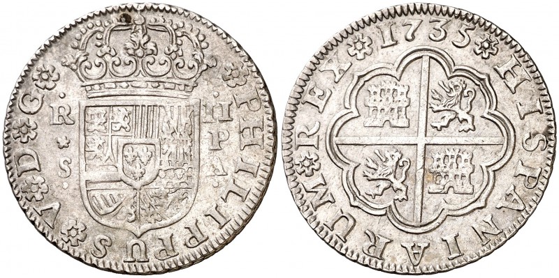 1735. Felipe V. Sevilla. PA. 2 reales. (Cal. 1435). 5,86 g. MBC/MBC+.