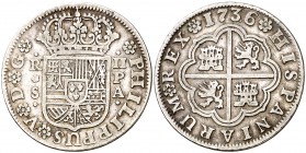 1736. Felipe V. Sevilla. PA. 2 reales. (Cal. 1437). 5,75 g. MBC-.
