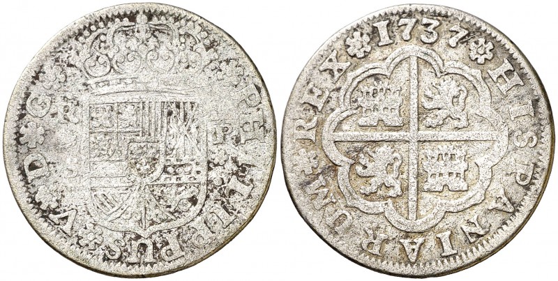 1737. Felipe V. Sevilla. P. 2 reales. (Cal. 1439). 5,41 g. Oxidaciones, limpiada...
