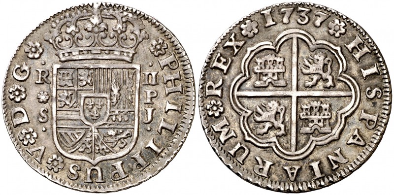1737. Felipe V. Sevilla. PJ. 2 reales. (Cal. 1440). 5,88 g. Escasa. MBC+.