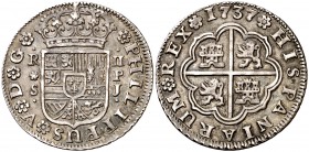 1737. Felipe V. Sevilla. PJ. 2 reales. (Cal. 1440). 5,88 g. Escasa. MBC+.