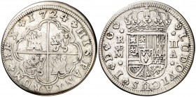1724. Luis I. Madrid. A. 2 reales. (Cal. 34). 4,89 g. LVDOVICVS sobre PHILIPPVS. Rara. MBC/MBC-.